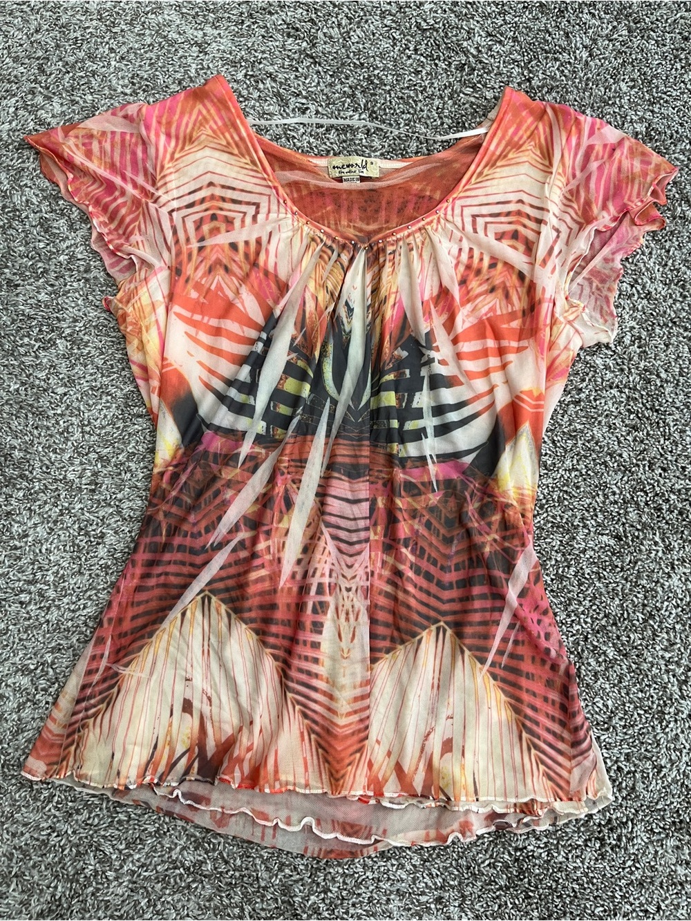 One World Y2K Multicolored Embellished Short Sleeve V-Neck Blouse